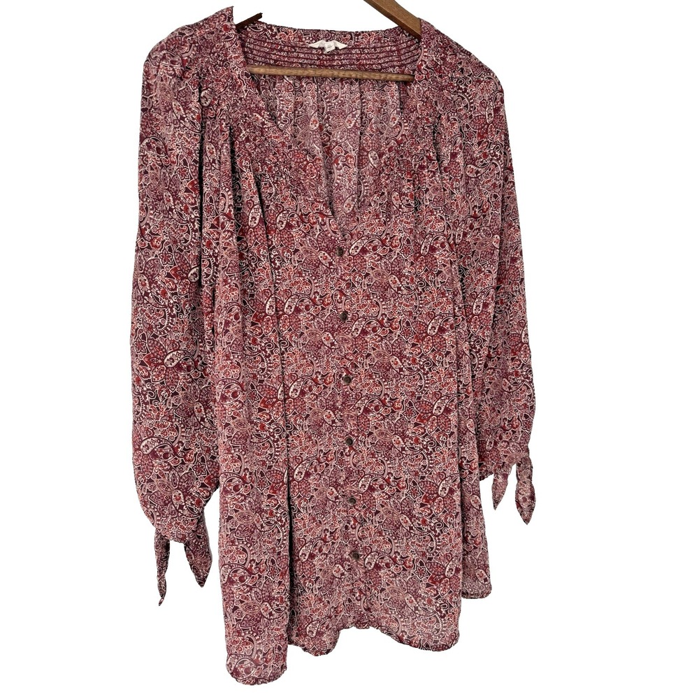 Krazy Kat Button Up Blouse 3x Burgundy  3/4th tie sleeve cottage boho peasant